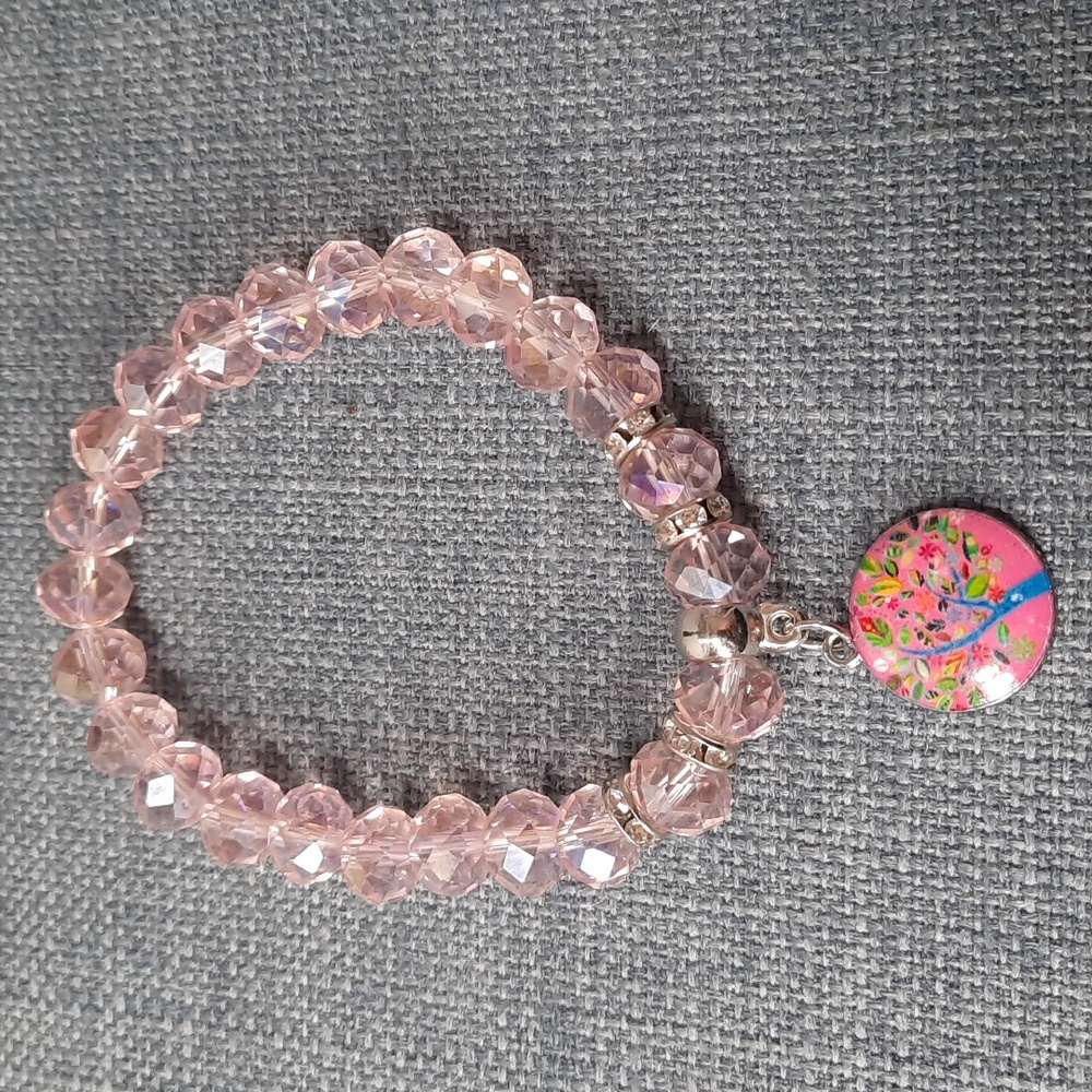 Bracelet Pink Crystal Tree of Life Charm Stretch Elastic Strength Symbol Pretty